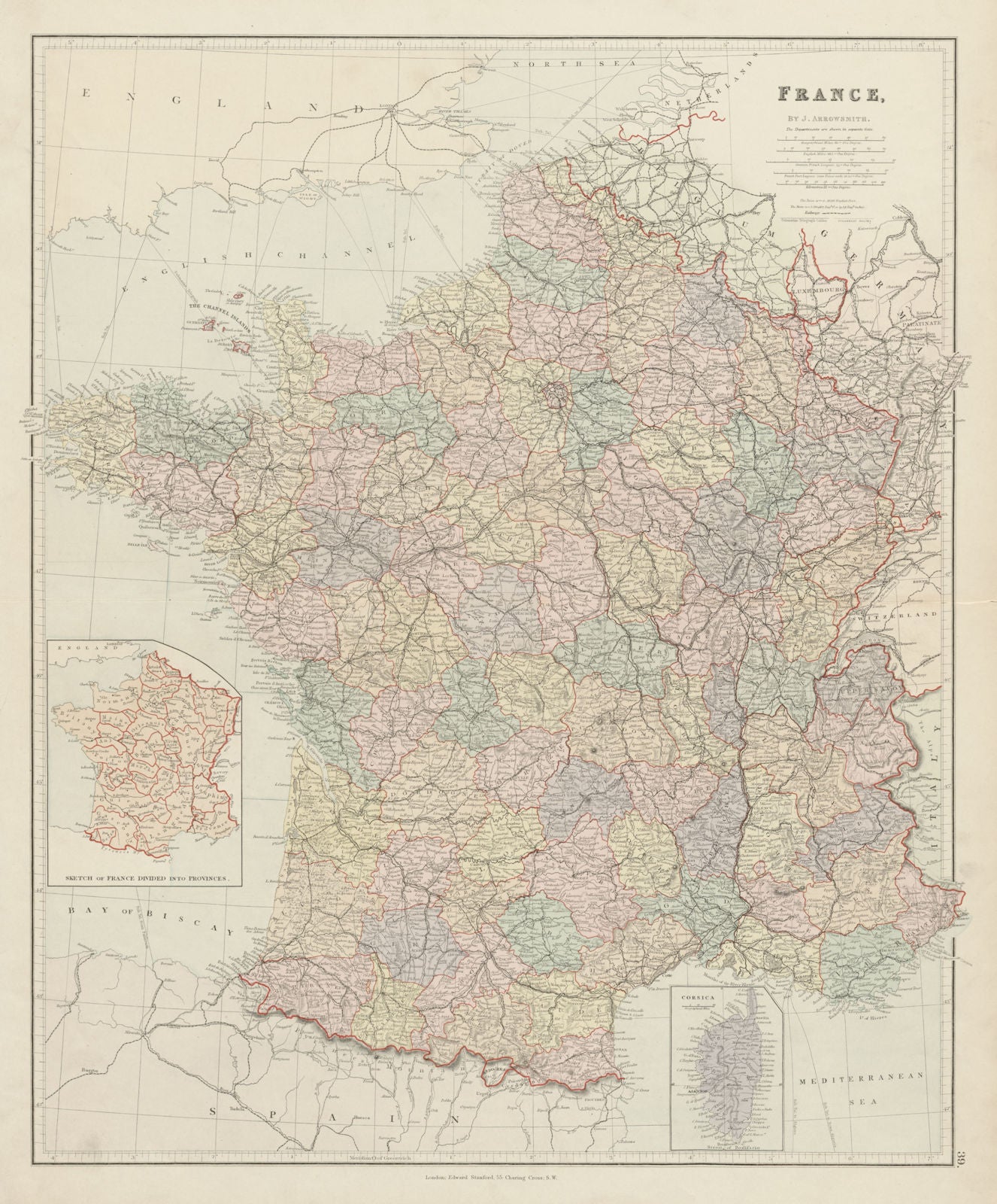 France in departements without Alsace Lorraine. Large 65x54cm. STANFORD 1887 map